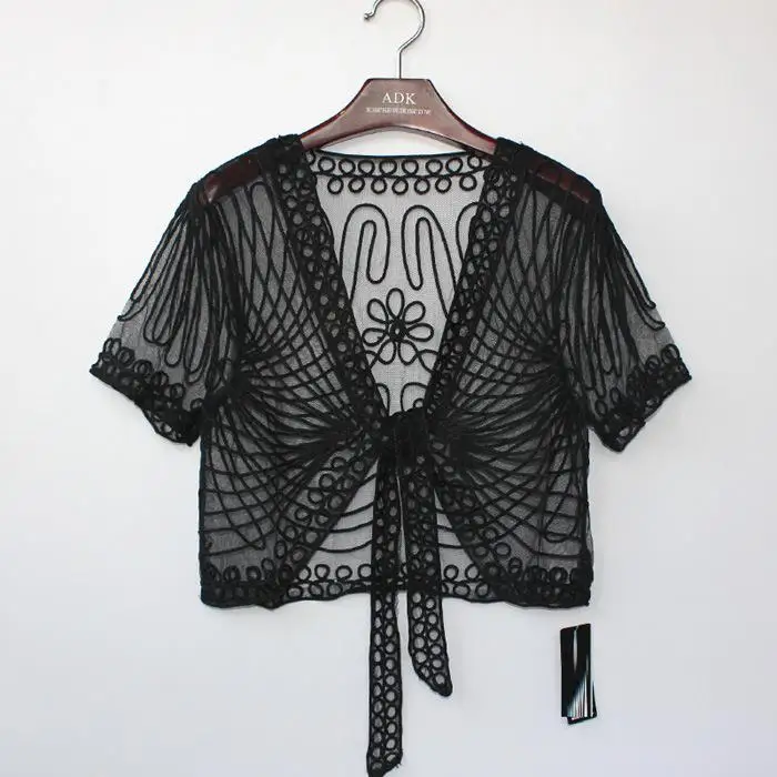 Summer Thin Short Sleeve Handmade Crochet Lace Mesh Shrug Bolero Women Embroidery Cardigan Feminino Short Cape Oversized Tops - Цвет: pure black