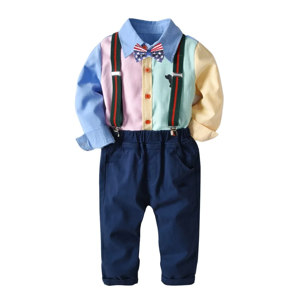

Cute Boys Overall Pants Patchwork Shirts Outfits Formal New Fashion Western Spring Autumn Kids Prince 2pcs Sets Clothing