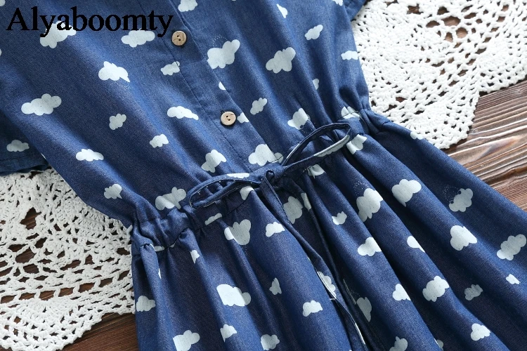 2019 корейское летнее Синее джинсовое женское платье с принтом Mori Girl Элегантное