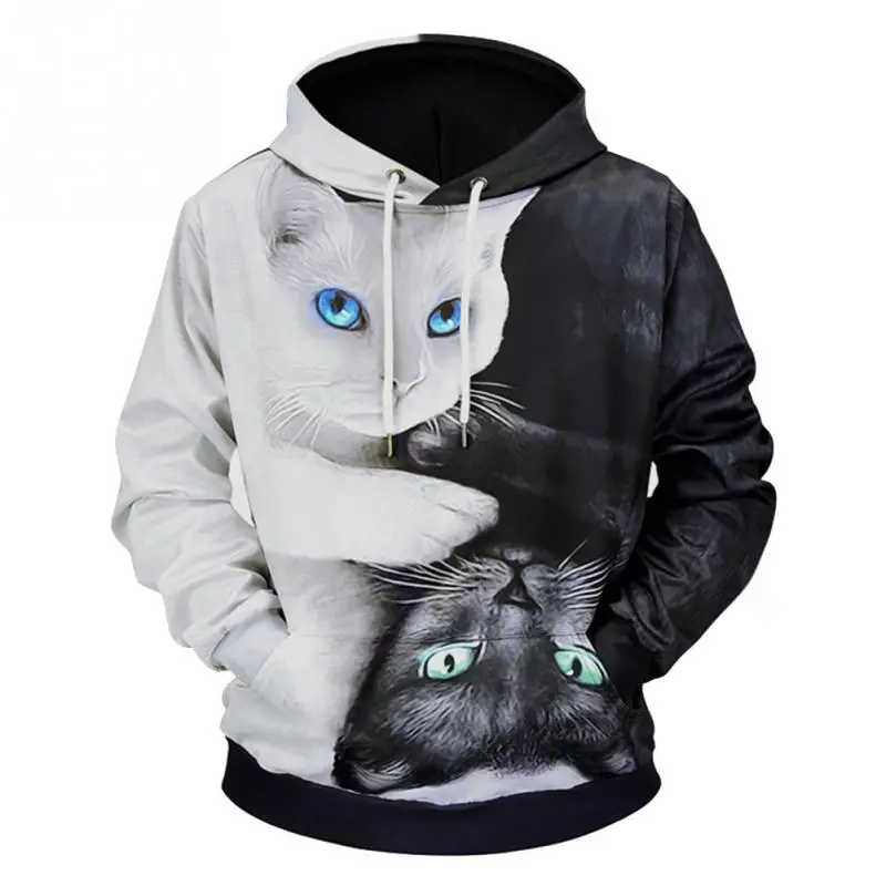 Мужчины Drawstring кошки 3D печать длинный рукав свободный пуловер худи свитер|Мужские