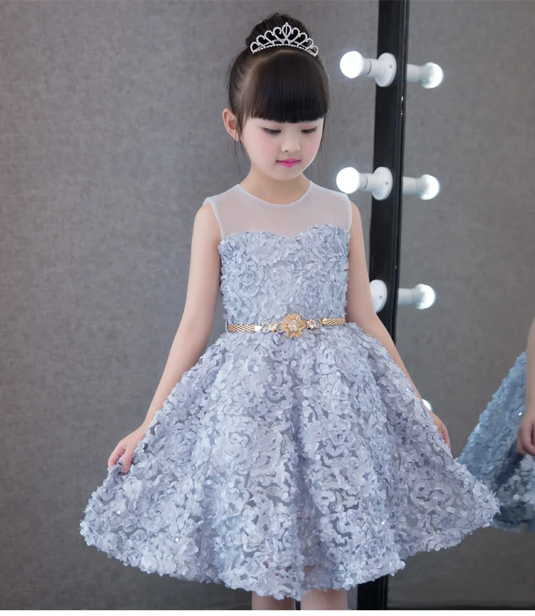 Королевское Платье принцессы с длинным шлейфом; платье с цветочным узором для девочек; Свадебное бальное платье без рукавов; Детские нарядные платья для дня рождения; B39