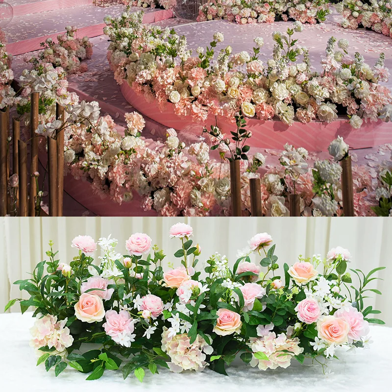 

Wedding backdrop arch decor silk flower arrangement artificial rose peony pompom leaf green plant mix flower row road guide wall
