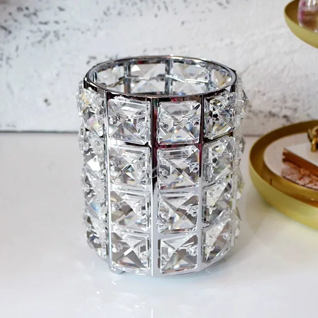 Round Sliver Европейская роскошная хрустальная Кисть для макияжа, ведро для хранения бровей, карандаш, расческа, квадратный круглый для косметики, офисный Настольный держатель для ручек - Цвет: Round Sliver