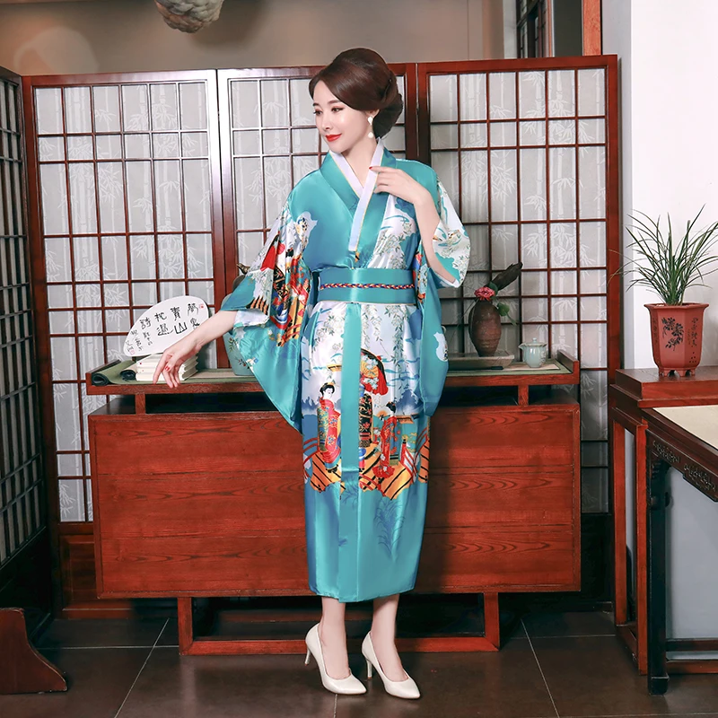 

Yukata With Obi Blue Female Print Peacock Kimono Bathrobe Gown Japanese Style Belt Evening Party Dresses Cosplay Costume