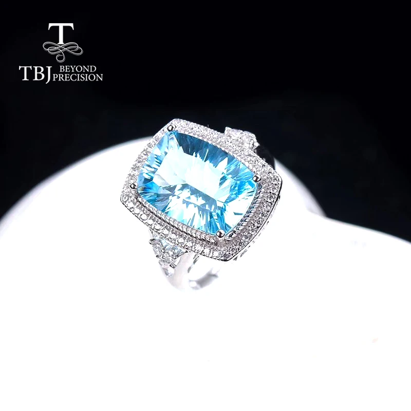 TBJ большое кольцо с голубым топазом 10*14 мм в форме вогнутой огранки из