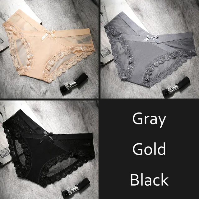 Black Grey Golden DULASI, сексуальные кружевные прозрачные сетчатые трусики, женские, дышащие, низкая талия, нижнее белье, милый бант, бесшовные трусы, нижнее белье - Цвет: Black Grey Golden