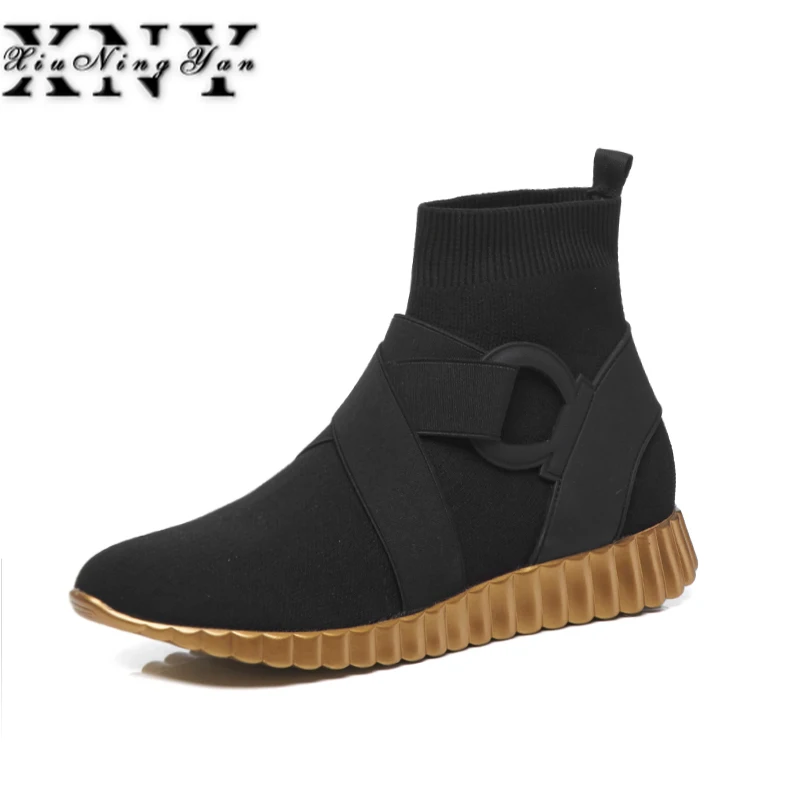 XiuningyanI 2019 Fashion Women Ankle Boot Stretch Fabric Short Socks Boots Booties Brand Shoes Casual Flat Platform Black | Обувь