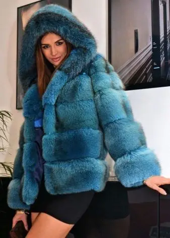 Blue FURSARCAR Новая модная синяя шуба из натурального Лисьего меха, женская короткая зимняя куртка с большим меховым капюшоном, теплое пальто из натурального меха - Цвет: Blue