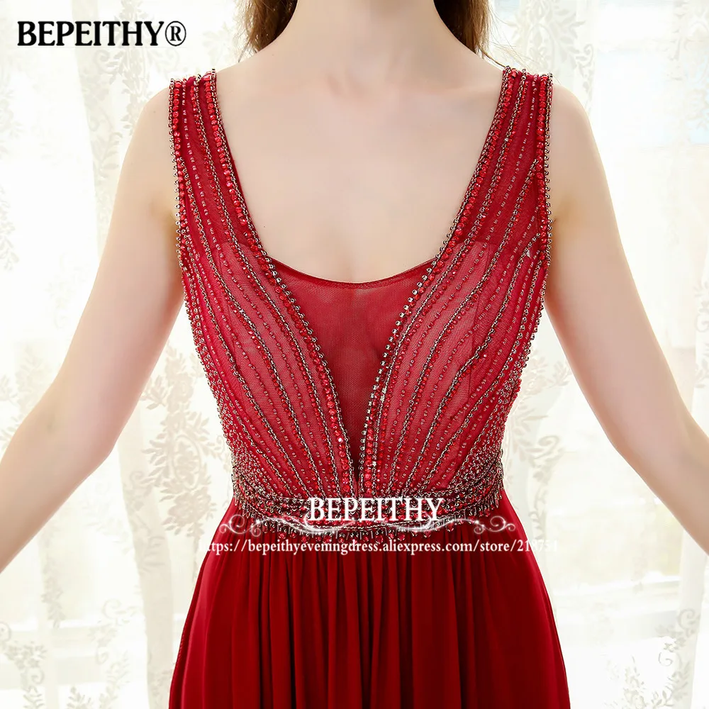 BEPEITHY Vestido Longo Красное длинное вечернее платье с бисером Топ сексуальное без