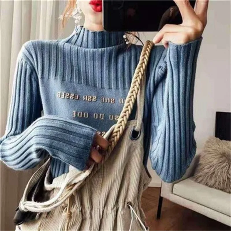 Женский свитер с высоким воротом вязаный пуловер буквенным принтом на осень и