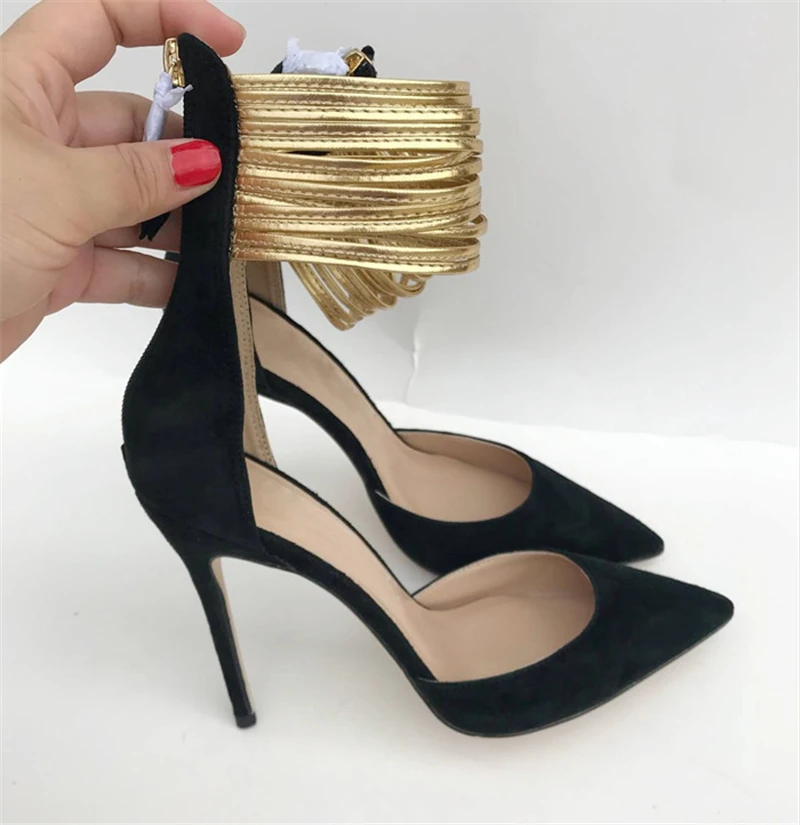 Золотистые туфли с перекрестной шнуровкой и пряжкой на лодыжке женские сандалии