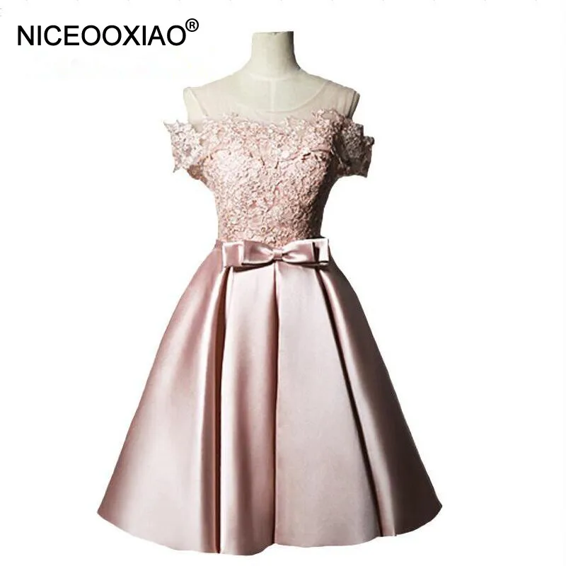 NICEOOXIAO кружевное платье с вырезом лодочкой аппликация вечернее милое розовое