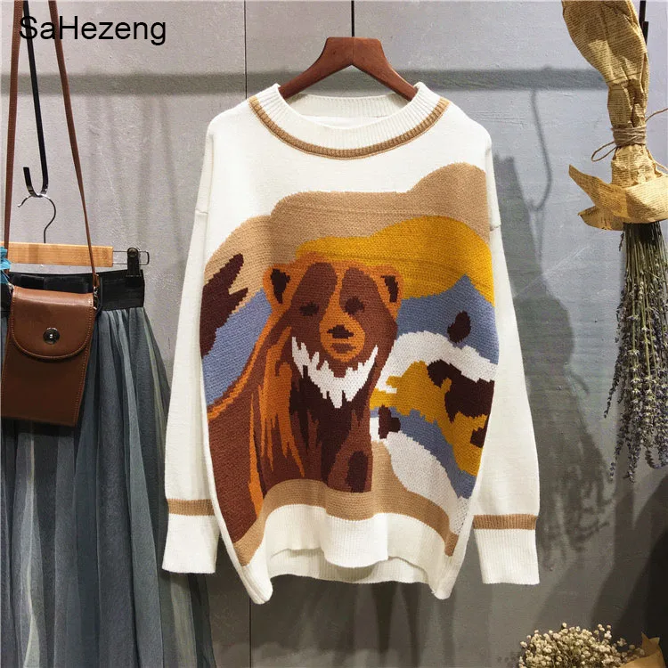 SaHezeng 2017 Autumn Winter Women Sweater Fashion Casual Pullover Tops Animal Bear Long Sleeve Knitted Sweaters S32 | Женская одежда
