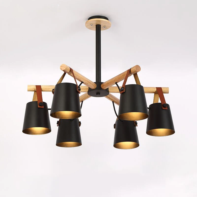 6 Lights in Black BOTIMI дизайнерская люстра освещение современный светодиодный люстра с железными абажурами 110 в 220 в деревянные люстры фойе подвесное освещение - Цвет абажура: 6 Lights in Black