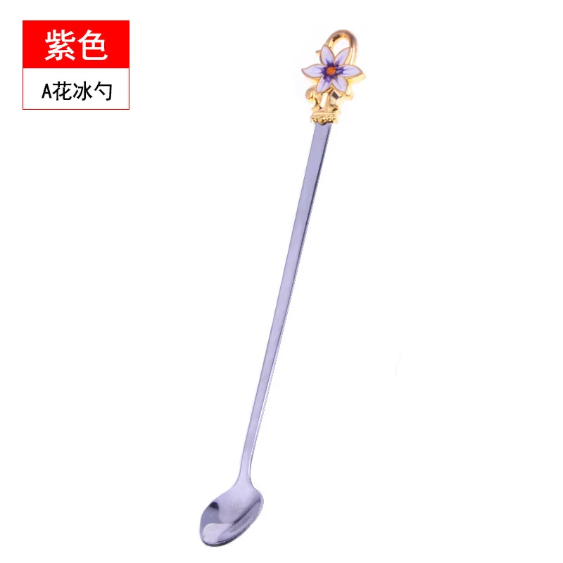 long handle purple Маленькая мини-ложка с длинной ручкой из нержавеющей стали 304, Цветочная эмалированная кофейная ложка, ложка для перемешивания, чайная ложка, чайная ложка, десертная ложка, посуда - Цвет: long handle purple
