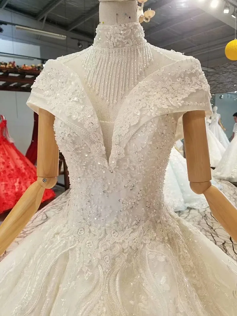 LS850011 free shipping wedding dress short sleeves high neck open keyhole back shiny ball gown count tain robe de soirée longue | Свадьбы и