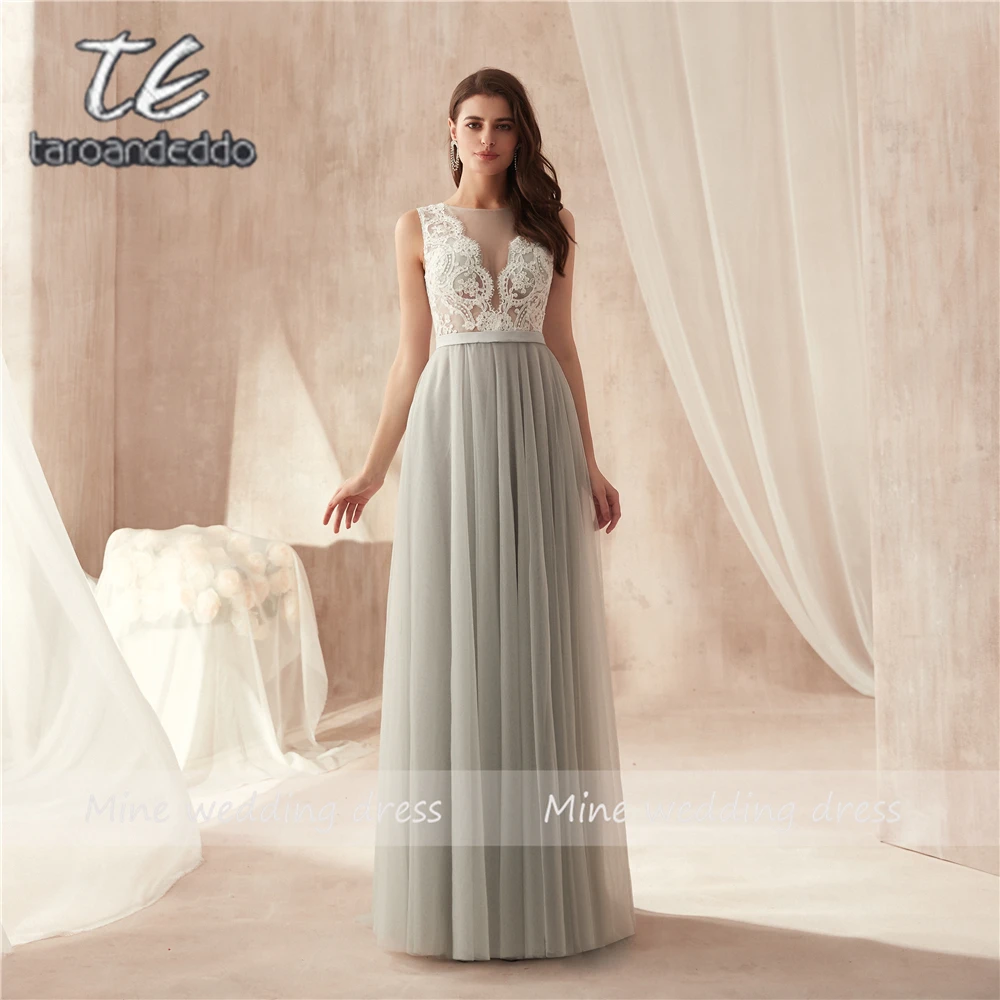 V-Neck Applique White lace top длина пола Soft Tulle вечернее платье с иллюзией кнопка назад