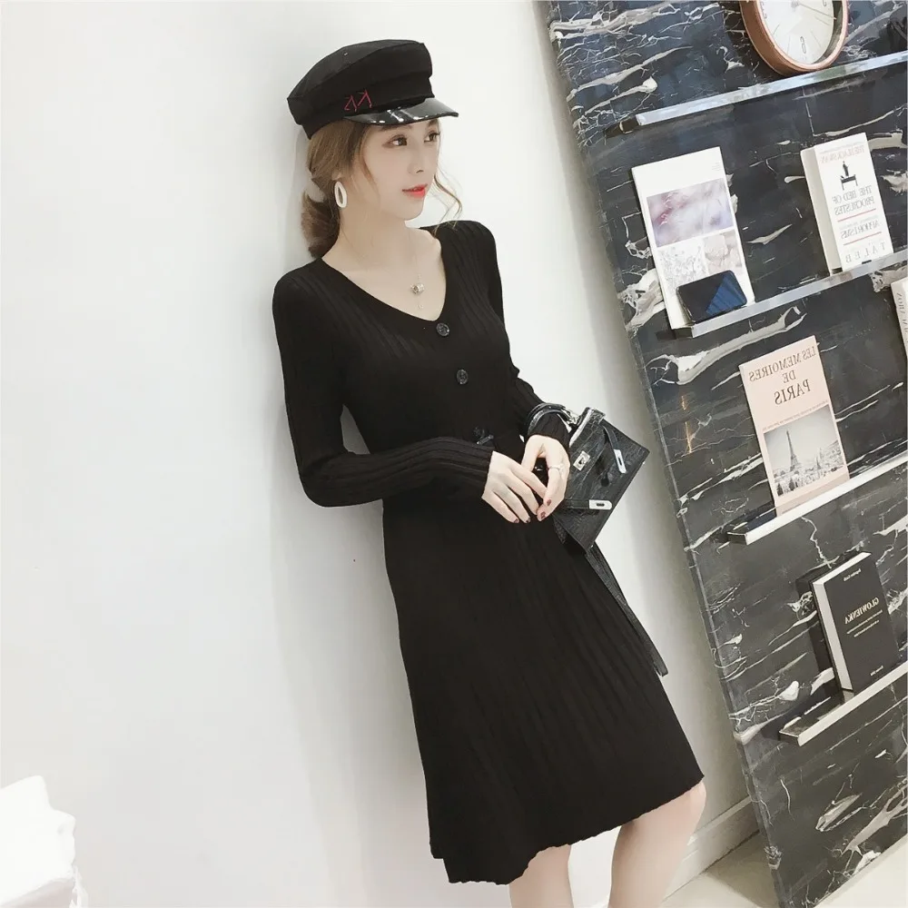 Женское платье свитер 2018 осень зима новое трикотажное с v образным вырезом и