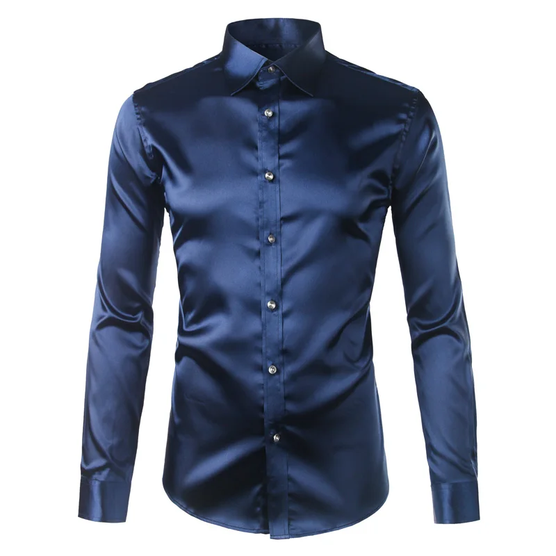 Новинка, Золотая шелковая атласная рубашка для мужчин, Chemise Homme,, модная мужская приталенная рубашка с длинным рукавом, имитация шелковой пуговицы, красная рубашка - Цвет: Navy