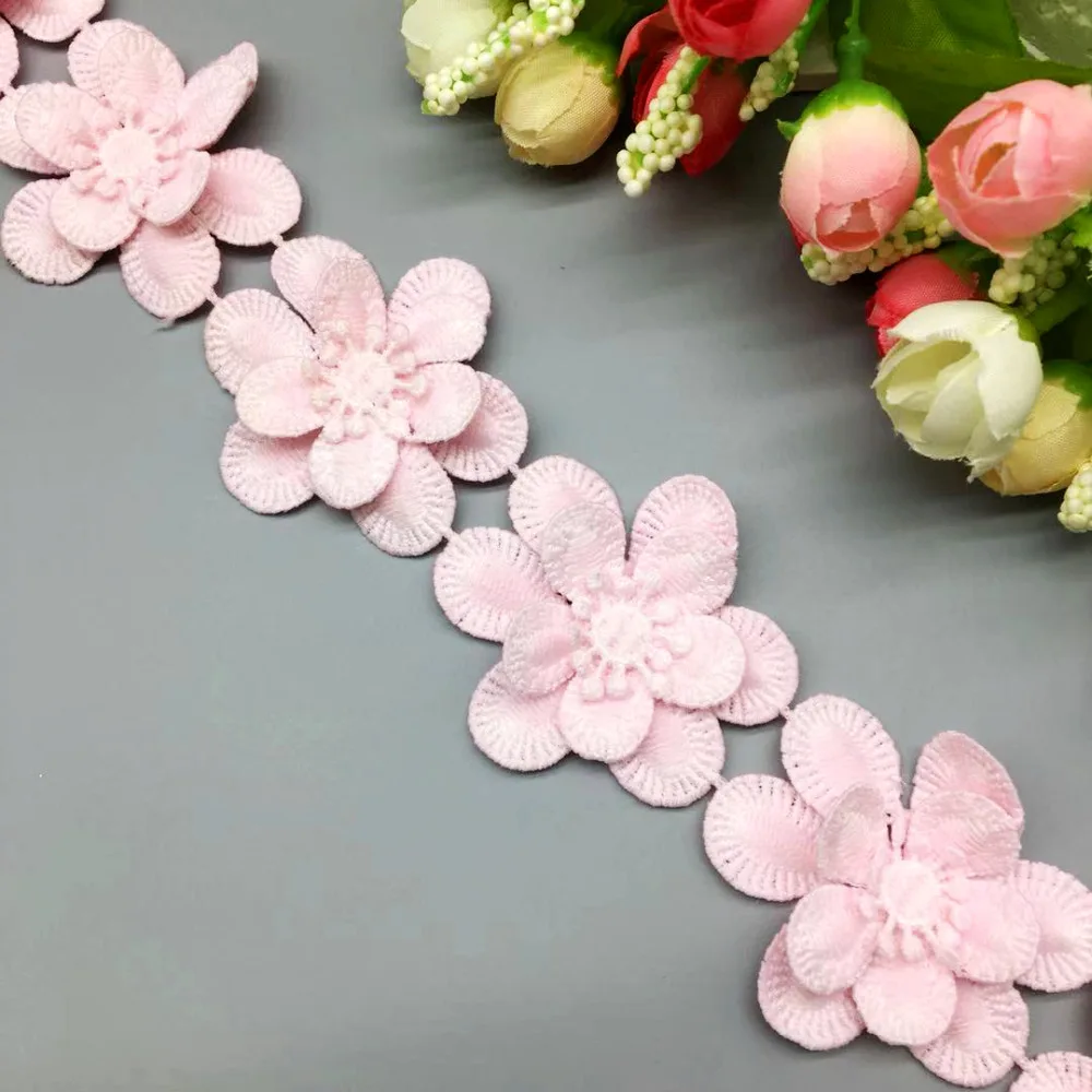 2 yard Pink Plum blossom Flower Lace Trim Ribbon Fabric Embroidered Wedding Applique DIY Sewing Craft Crochet Dress Clothes | Дом и сад