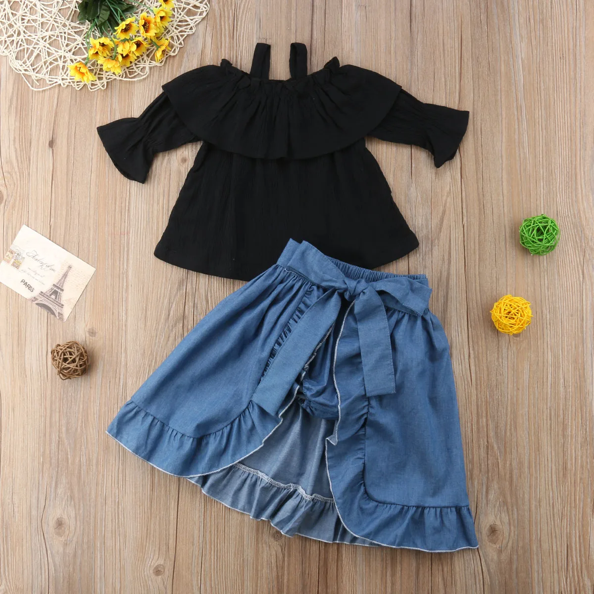 2018 Sweet 3Pcs Kids Baby Girl Black Off Shoulder Tops T-shirt +Ruffles Shorts Skirt Clothes Outfits 1-6Y | Детская одежда и обувь