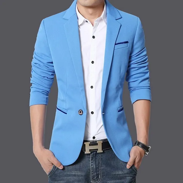 Мужские корейской Slim Fit Модный хлопковый Блейзер пиджак черного и синего цвета