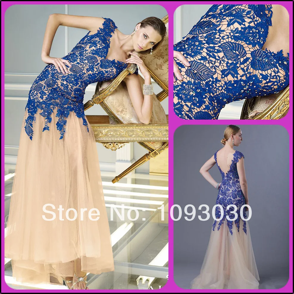 Royal Blue Lace V neck Cap Sleeves A Line Long Evening gownes 2014 Gowns Prom gown Backless ED078 vestido longo Floor|gown formal|gowns