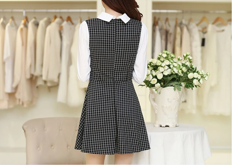 Краткое плед платье 2015 с отложным воротником осень платья женщины бесплатная