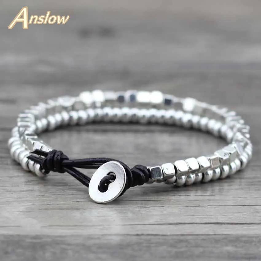 

Оптовая продажа, дизайнерские модные ювелирные изделия Anslow, кожаный браслет с бусинами из цинкового сплава для женщин, мужчин, детей, девоче...