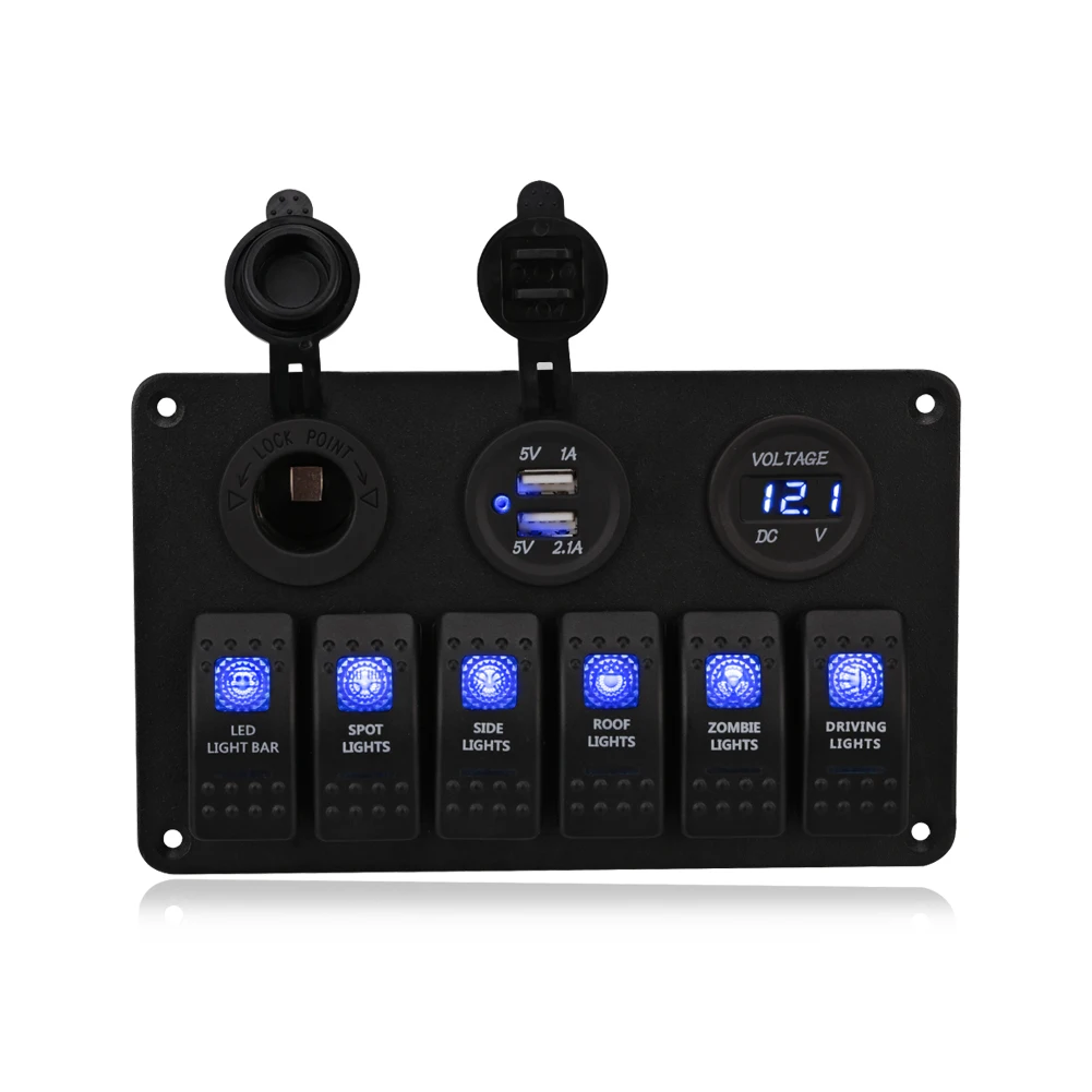 

Fishberg 6 Gang Led Rocker Switch Panel 12v USB Car Cigarette Lighter Socket Auto Boat Marine Car Switch Panel Circuit Breaker