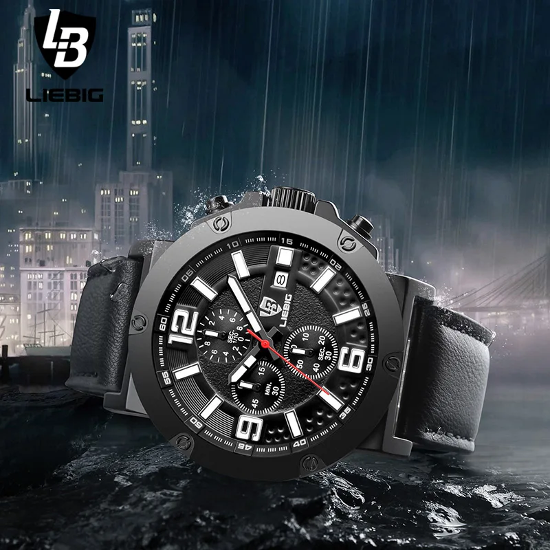 LIEBIG мужские военные кварцевые наручные часы с календарем кожаные