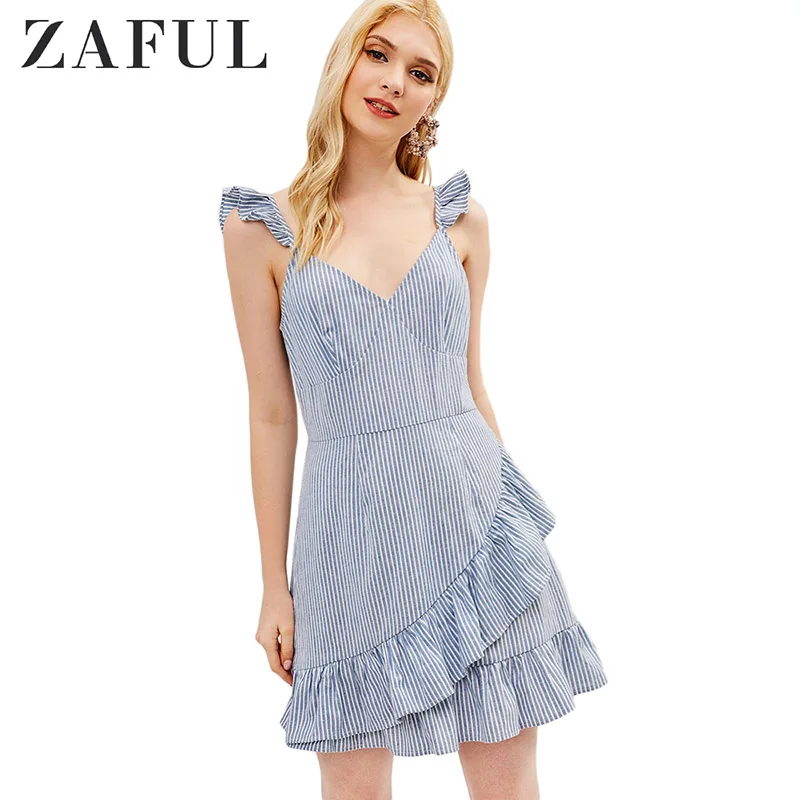 Женское платье с оборками ZAFUL повседневное короткое в синюю полоску без рукавов