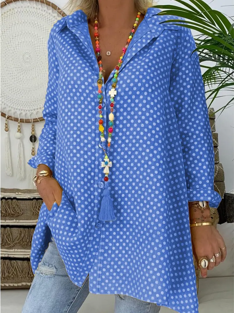 Синий Plus Size S-3XL Women Dot V-neck Long Sleeve Blouses Ladies Shirts Summer Casual Tops Loose Long Blouse Streetwear Woman Clothes - Цвет: Синий