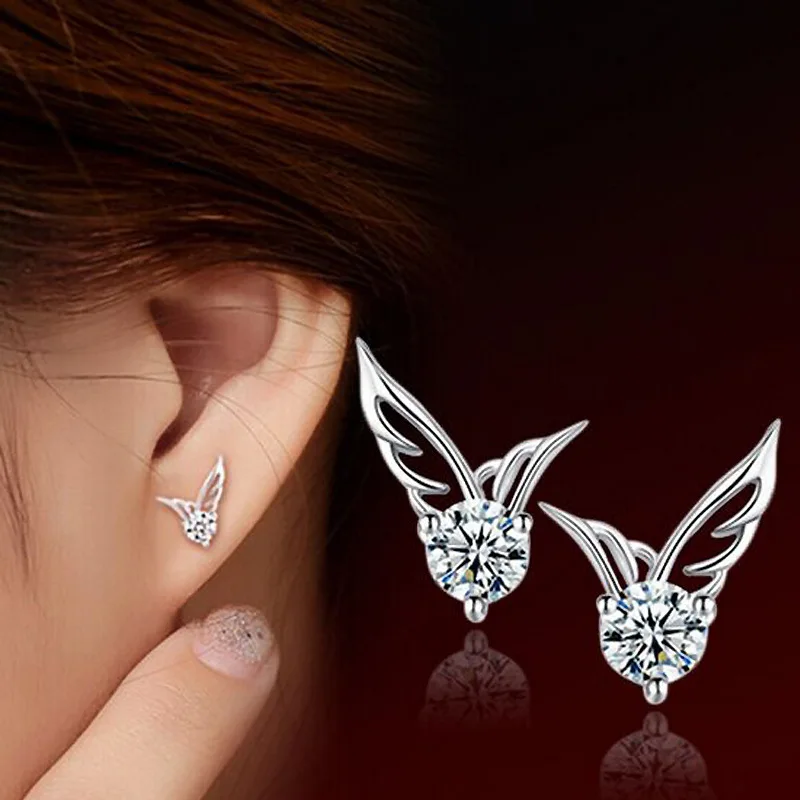 

2020 New Brincos Love Crystal Angel Wing Double Side Rhinestone Stud Earrings For Women Wedding Jewelry Cuff Earings Pendientes