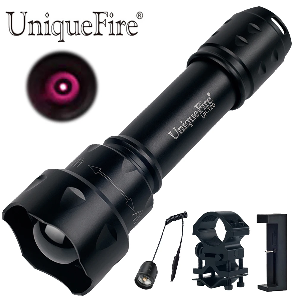 

UniqueFire T20 IR 850nm 3 Modes LED Night Vision Flashlight Zoomable torch KIT SET: Flashlight+Charger+Scope mount+Rat Tail