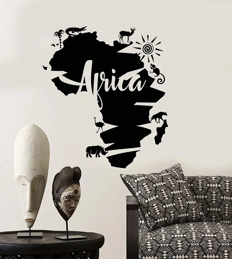 

Vinyl wall applique abstract Africa continent map Africa animal stickers, home living room decoration DT02