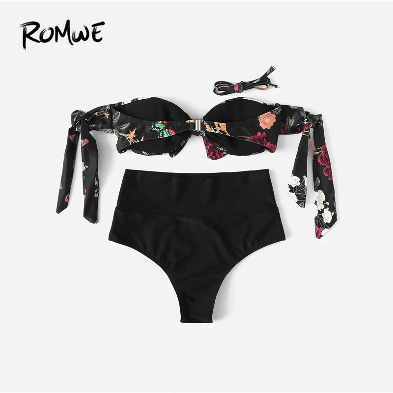 Romwe, спортивные черные костюмы из двух частей, цветочный принт, с открытыми плечами, топ с высокой талией, низ, купальник для женщин, летний сексуальный купальник