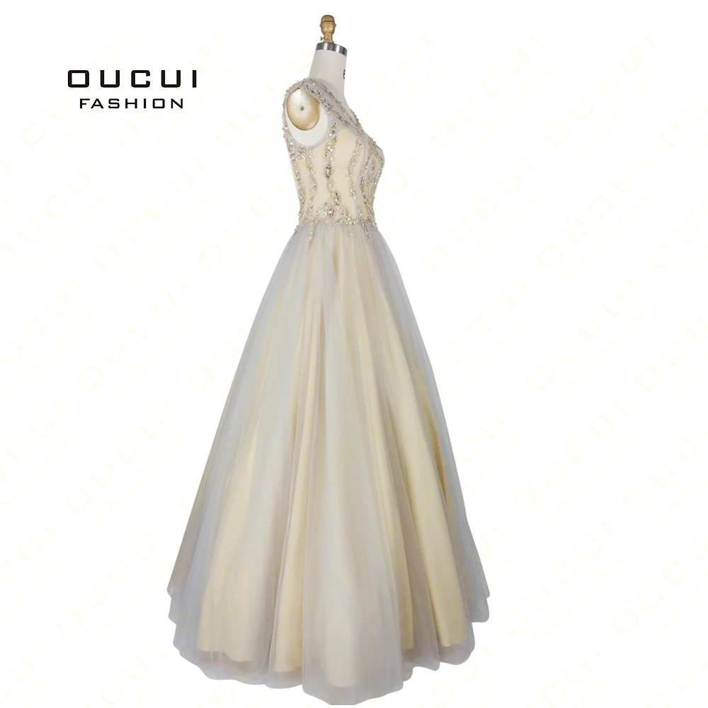 Tulle Open Back Crystal Sexy Prom Dresses Long Party Dress O-Neck Cap Sleeves Wear Elegant Ball Gown Vestidos Largos OL102754 | Свадьбы и