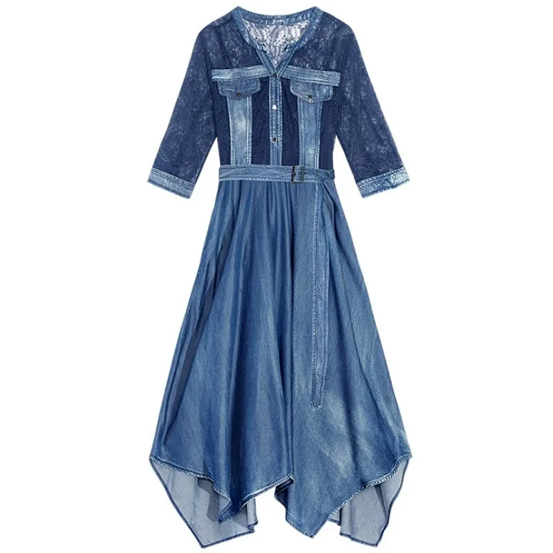 

Summer Harajuku Irregular A-Line Denim Dresses With Belt Women Mid Long Lace Spliced Fashion Party Dress Office Lady Elegant New