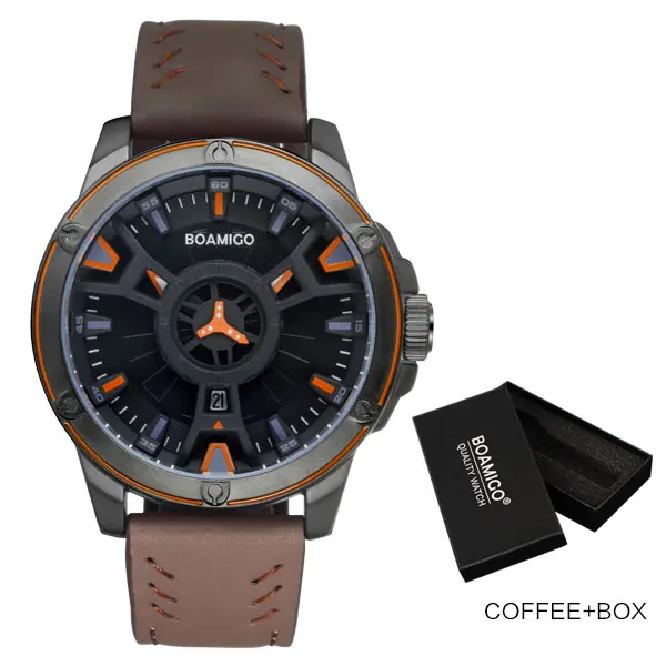 coffee with box Роскошные Брендовые мужские спортивные часы BOAMIGO, креативные модные повседневные кварцевые наручные часы с кожаным ремешком, часы с автоматической датой, мужские часы - Цвет: coffee with box