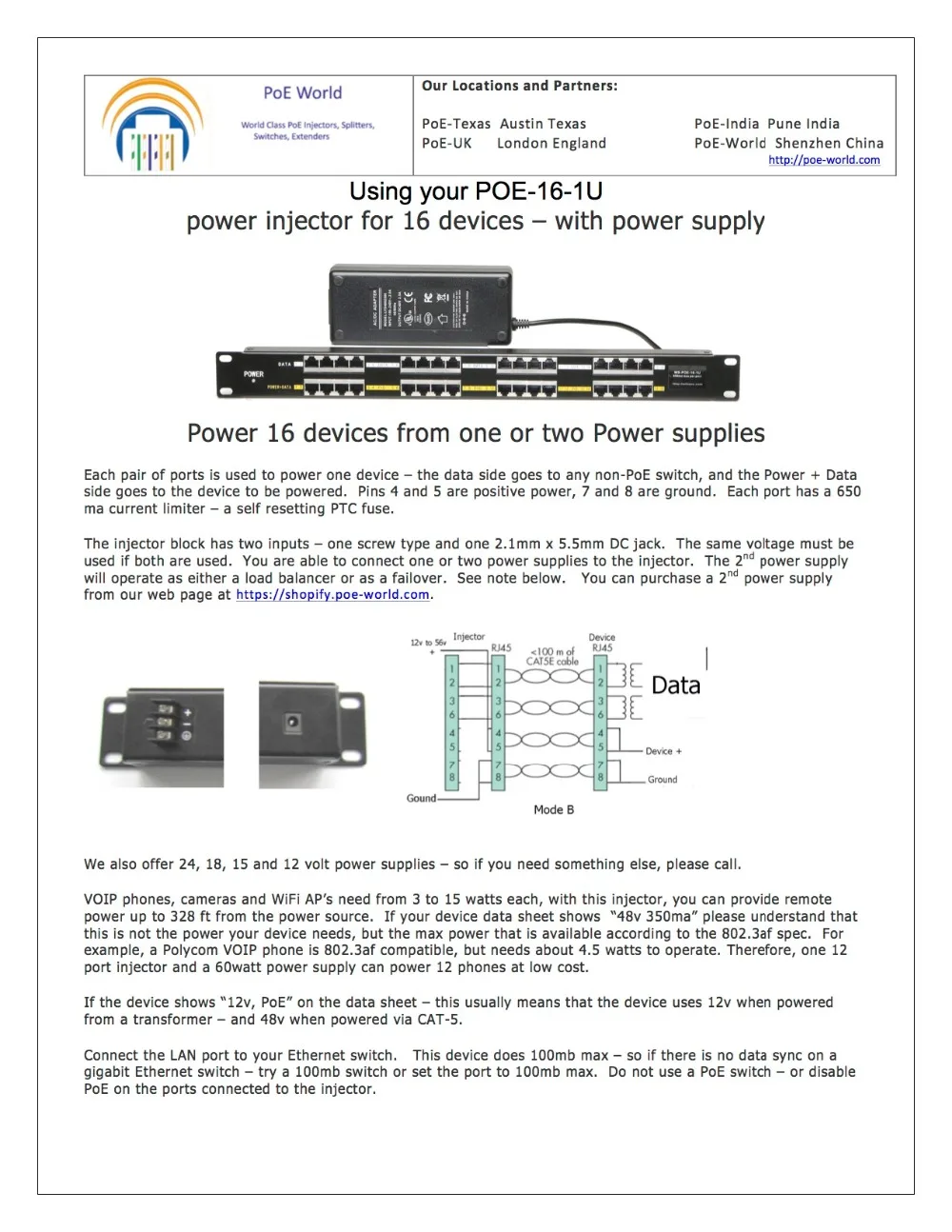16 Порты и разъёмы 10/100 Мощность over Ethernet PoE инжектор для 802.3af/пассивный 802.3at