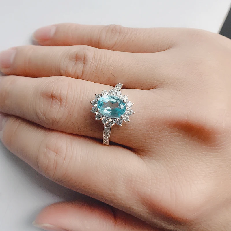 

QYI 925 Sterling Silver Natural Gemstone Fine Jewelry Classic Style Wedding Women 2 ct Oval Cut Genuine Blue Topaz Halo Ring