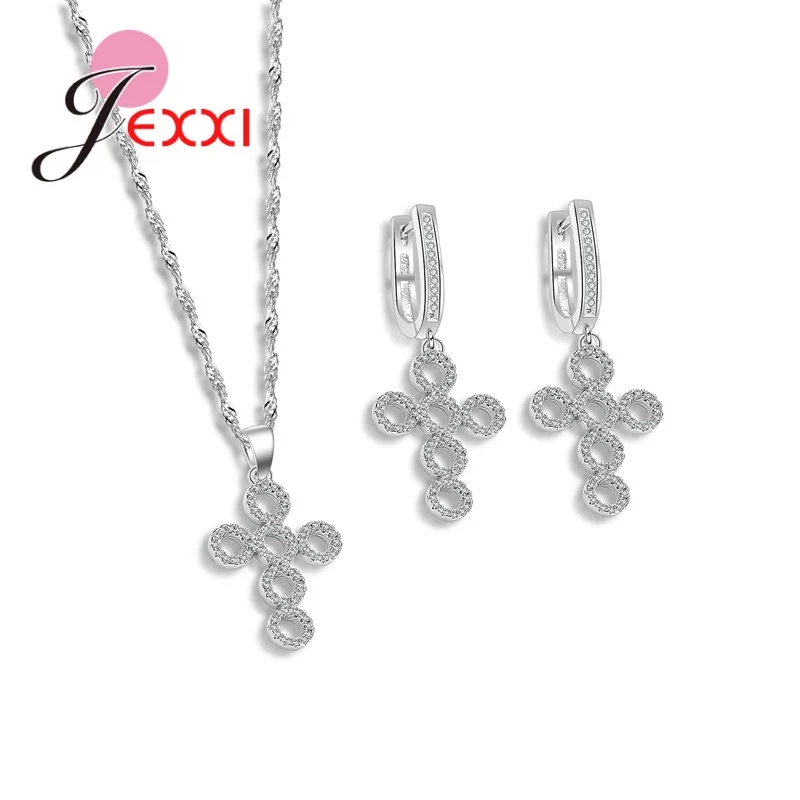 

New Arrival 925 Sterling Silver Sparkling Cross Shaped Jewelry Sets Earrings/Necklace Women Bridal Wedding Fine Jewelry