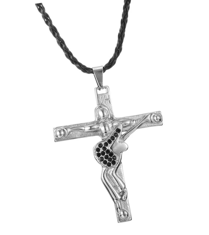 17770 Black Silver 50 шт./партия, рок-звезда, Джони Халлидей, гитара, крест, кулон, ожерелье из нержавеющей стали, мужская кожаная цепочка, ожерелье с тигель - Окраска металла: 17770 Black Silver