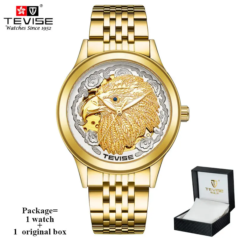 gold white n box TEVISE Мужские Роскошные Золотые механические самовзводные часы благородные Автоматические наручные часы мужские часы из нержавеющей стали с орлом Relogio Masculino - Цвет: gold white n box