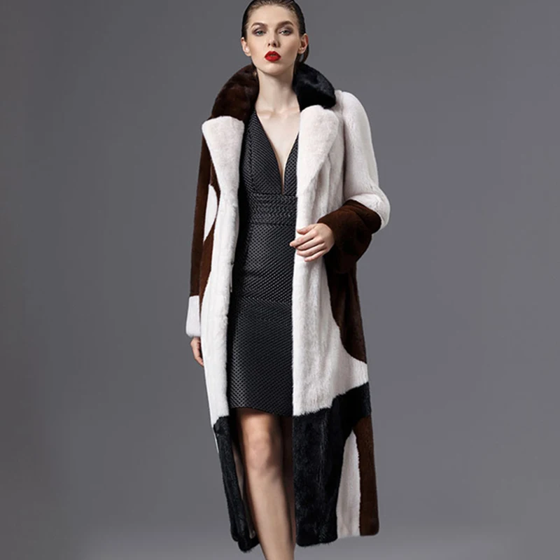 LVCHI Winter 2019 Import Mink Fur Coat Women's Long Sleeve Coat Patchwork Color Real Natural Fur X-Long Tassel Causal Mink Coats