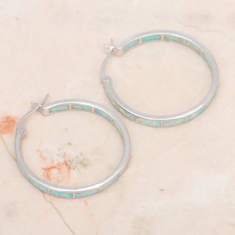 Женские серьги кольца с опалом Большие серебряные сережки белым огненным