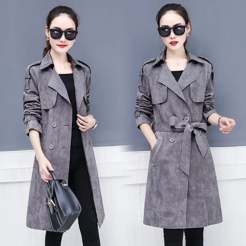 

2022 Fashion Spring Autumn Suede Long Trench Coat Women Clothing Adjustable Waist Female Overcoat Elegant Windbreaker Tops