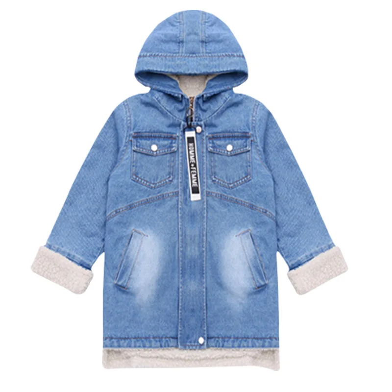 Зимние детские джинсовые куртки пальто для девочек теплые толстые с капюшоном