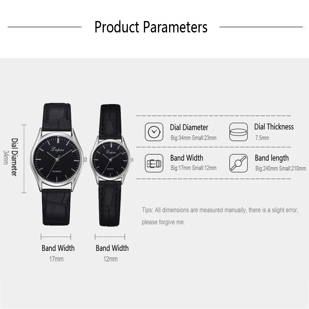Часы для пар Lvpai повседневные черные кожаные кварцевые мужские спортивные под
